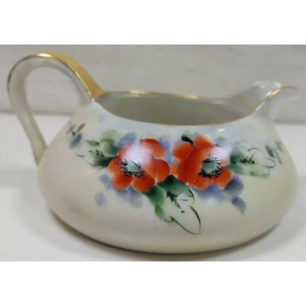 Vintage TK Thun Orange Flowers Porcelain Gold Rim Czechoslovakia Creamer